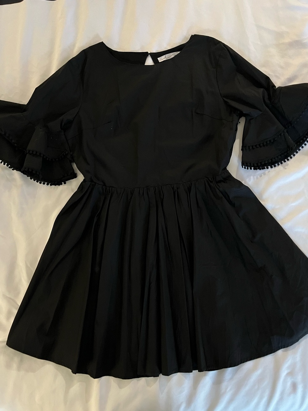 By Egreis Black Fit Flare Mini Dress LARGE Bell Sleeve Open Back Cocktail Dress